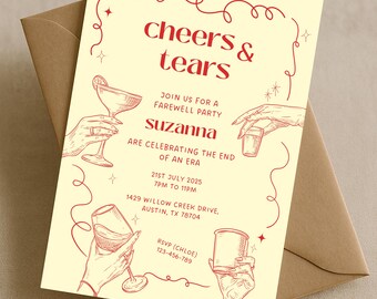 Crème bewerkbare Cheers Tears Red Line Art uitnodiging voor afscheidsfeestje, handgetekende cocktail Goodbye Party, aangepaste verhuizing digitale uitnodiging