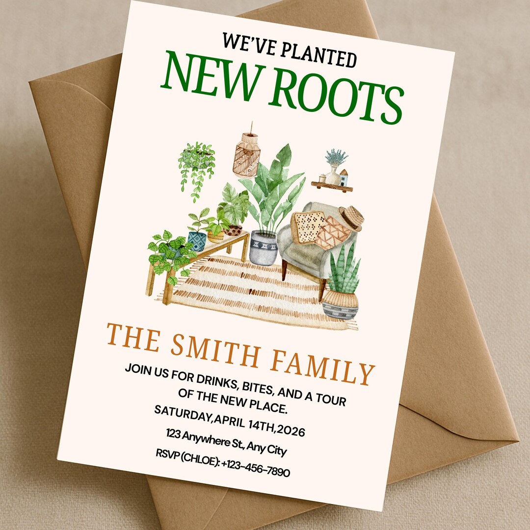 Housewarming Invitation Template Editable, New Roots New Home Invite ...