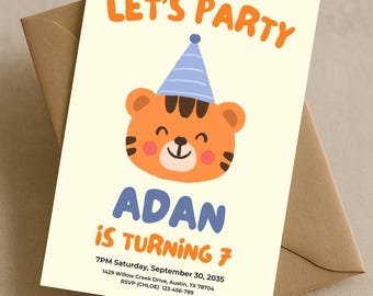 May include: A party invitation with a cartoon tiger wearing a blue party hat. The text "LET'S PARTY" is at the top, with "ADAN IS TURNING 7" below the tiger. Additional text includes the party details and RSVP information.