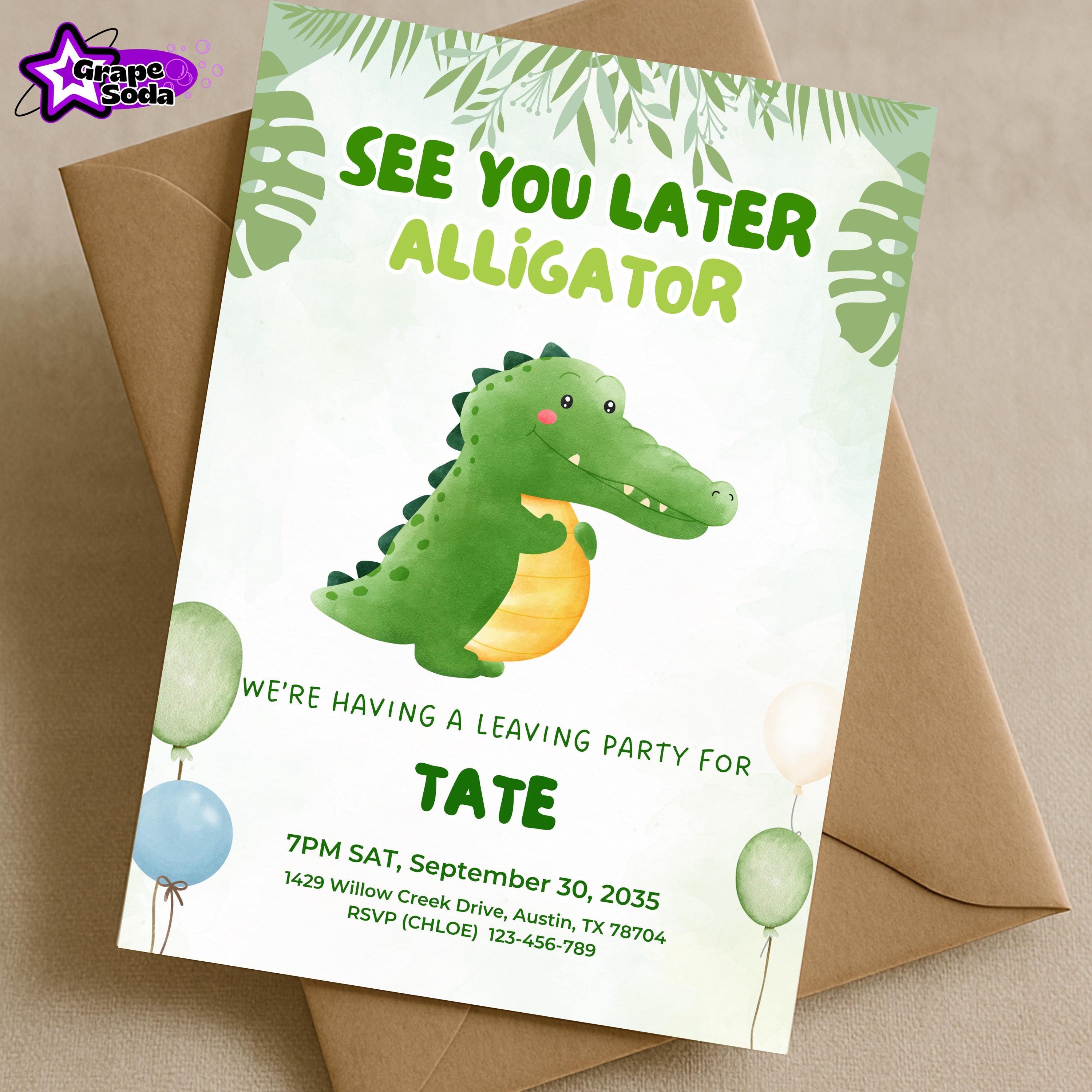 Water Painted Jungle See You Later Alligator Invitation, Editable