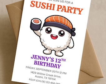 Convite de Aniversário Kawaii Sushi, Convite para Festa de Sushi Infantil, Download Digital Editável do Canva com Tema de Personagem Fofo de Sushi