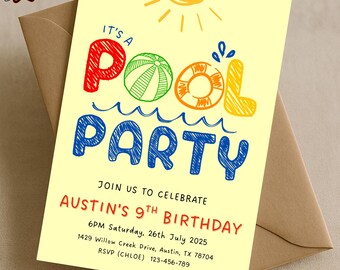 Hand Drawn Pool Party Invite, Summer Pool Party Invite, Kid's Pool Party Birthday Invitation, Colorful Swimming Party Canva Template