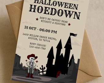 Cowboy Skelett Halloween Hoedown Einladung, Western-Party einladen, Haunted Barn Dance Kostüm, Land druckbare digitale Vorlage Download