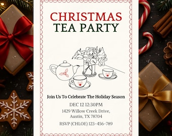 Minimalist Christmas Tea Party Invitation, Festive Afternoon Tea Party Invite, Editable Brunch Christmas Tea Template, Printable Winter Tea