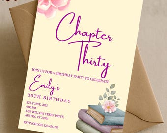 New Chapter Birthday Invitation, Book Themed Birthday Template, Floral Birthday Party Canva Download, Any Age, Editable Digital Invitation
