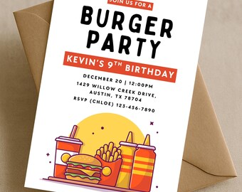 May include: A white invitation card with the text "BURGER PARTY" in large black letters. Below, it reads "KEVIN'S 9TH BIRTHDAY". The card features illustrations of a burger, fries, and drinks. The invitation includes party details and RSVP information.