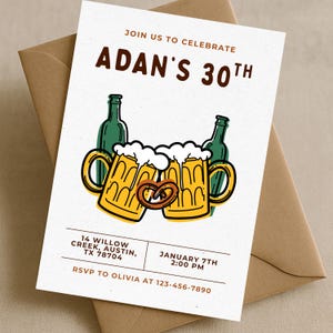 Puede incluir: Una invitación de cumpleaños con el texto "JOIN US TO CELEBRATE ADAN'S 30TH". La invitación presenta ilustraciones de jarras de cerveza, botellas de cerveza y un pretzel. La invitación también incluye la fecha, la hora y el lugar del evento.