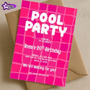 Könnte beinhalten: Eine rosa Poolparty-Einladung mit dem Text "POOL PARTY" in großen weißen Buchstaben. Die Einladung enthält Details für Rosas 20. Geburtstag mit Datum, Uhrzeit und Ort. Die Einladung befindet sich auf einem rosa gefliesten Hintergrund.