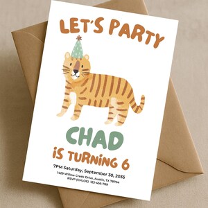 Customizable Tiger Birthday Party Invitation For Kids, Printable Kids Jungle Tiger Party Invite, Editable Tiger Template, Instant Download