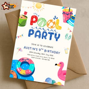 Children&#39;s Pool Party Swimming Birthday Invitation, Summer Swim Party Invite, Swimming Pool Party Editable Canva Template, Instant Download