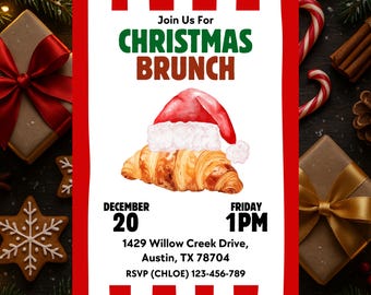 Puede incluir: Tarjeta de invitación para brunch navideño con rayas verticales rojas y blancas, con un croissant en acuarela que lleva un gorro de Papá Noel. El texto incluye Join Us For CHRISTMAS BRUNCH, DECEMBER 20, FRIDAY 1PM, 1429 Willow Creek Drive, Austin, TX 78704, RSVP (CHLOE) 123-456-789.