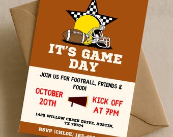 May include: A football-themed invitation card with a brown background and a star-shaped design. The card features a football, helmet, and the text "IT'S GAME DAY." Additional text includes event details and RSVP information.