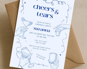 Blauwe bewerkbare Cheers Tears Blue Line Art uitnodiging voor afscheidsfeestje, handgetekende cocktail Goodbye Party, aangepaste verhuizing digitale uitnodiging