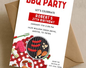 Sjabloon BBQ-verjaardagsuitnodiging verjaardagsfeestje bewerkbare Canva, volwassen achtertuin cookout uitnodigen 27e verjaardag picknick BBQ digitale download afdrukbare