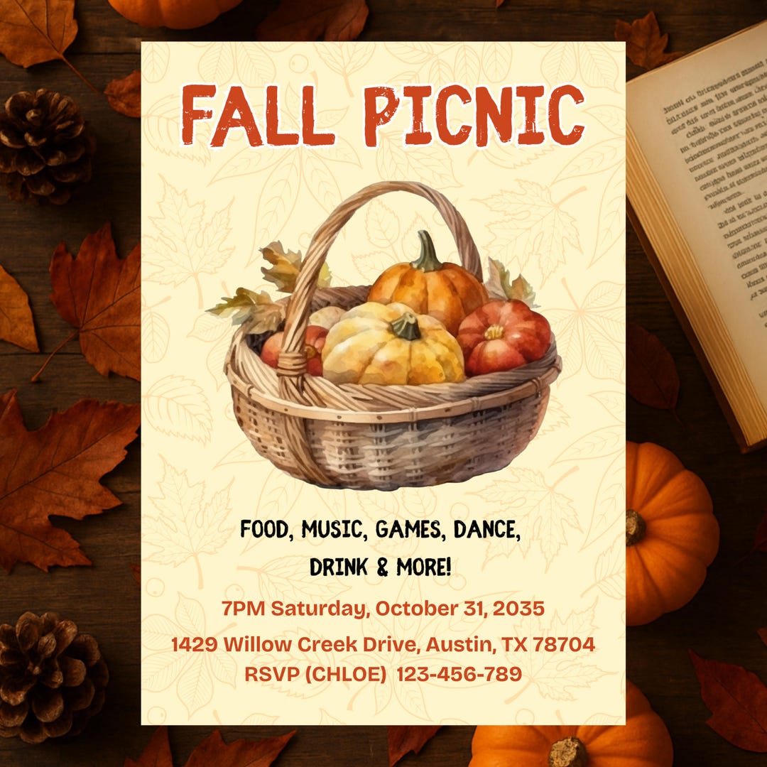 Pumpkin Basket Fall Picnic Invitation Template, Friendsgiving Editable ...