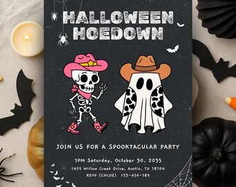 Halloween Hoedown Einladung, gruselige Cowboy Skelett Geist Kostüm Party einladen, Grunge Rodeo Western Halloween Digital druckbare einladen