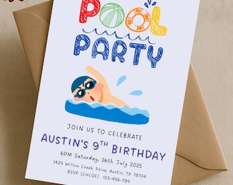 Pool Party Invitation for Birthday Boy, Swimming Birthday Invite for Boys, Editable Canva Template, Summer Water Party, Instant Download