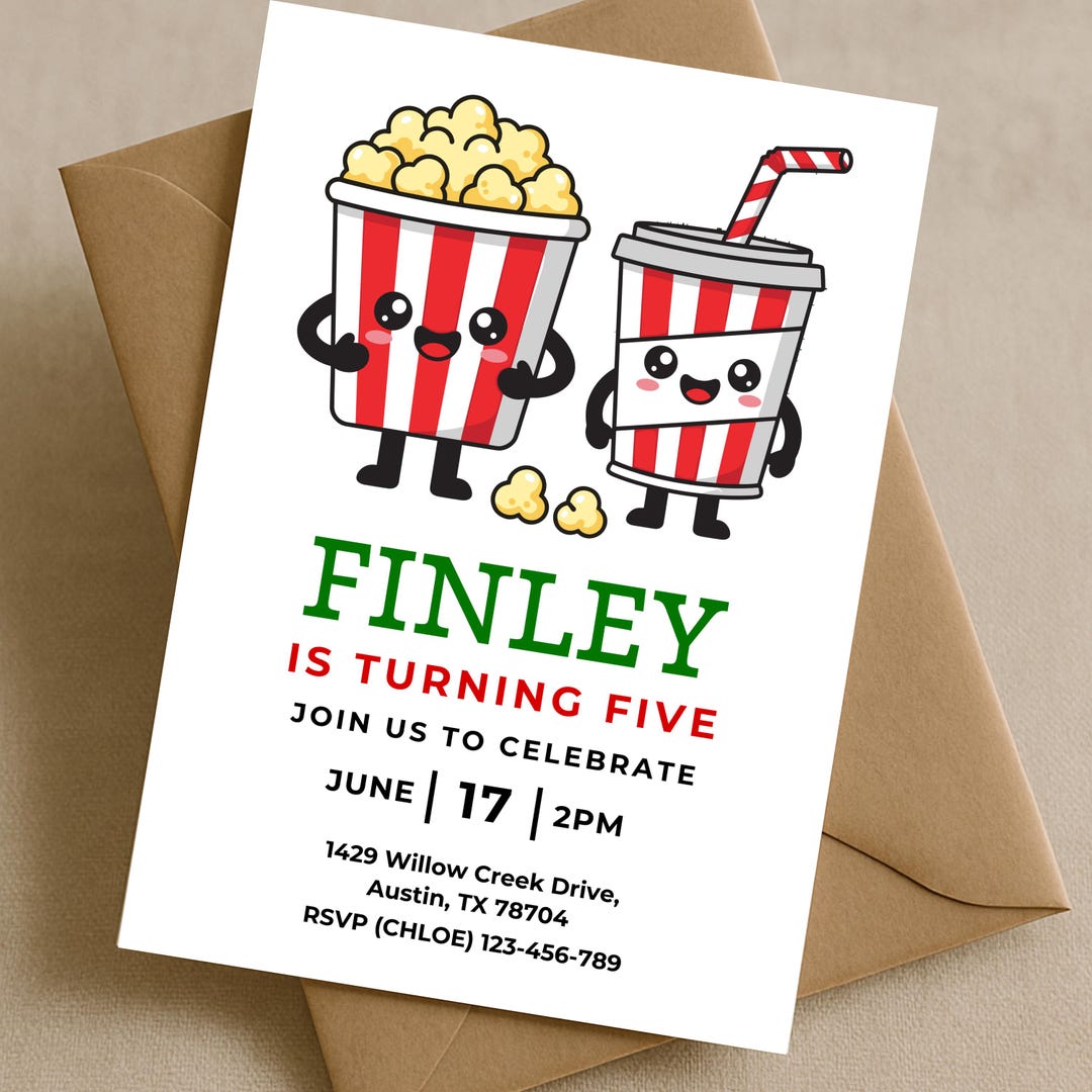 Popcorn Movie Night Birthday Invitation Template, Cinema Party Invite ...