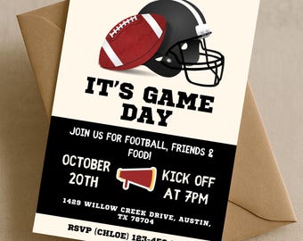 May include: Football-themed invitation with a football and helmet graphic. The invitation reads "IT'S GAME DAY" and includes event details: date, time, and location. The design features a black and white color scheme with a brown envelope.