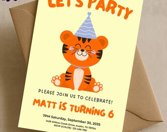 Convite de Aniversário com Chapéu de Tigre, Editável no Canva, Safari na Selva, Festa Infantil de 6 Anos, Tigre Laranja, Aniversário Infantil, Download Instantâneo
