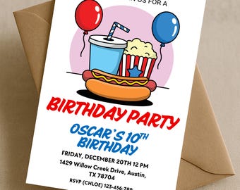 May include: A birthday party invitation with a cartoon illustration of a hot dog, popcorn, and a drink. The invitation reads "BIRTHDAY PARTY" and "OSCAR'S 10TH BIRTHDAY" with event details. A red and blue balloon are also shown.