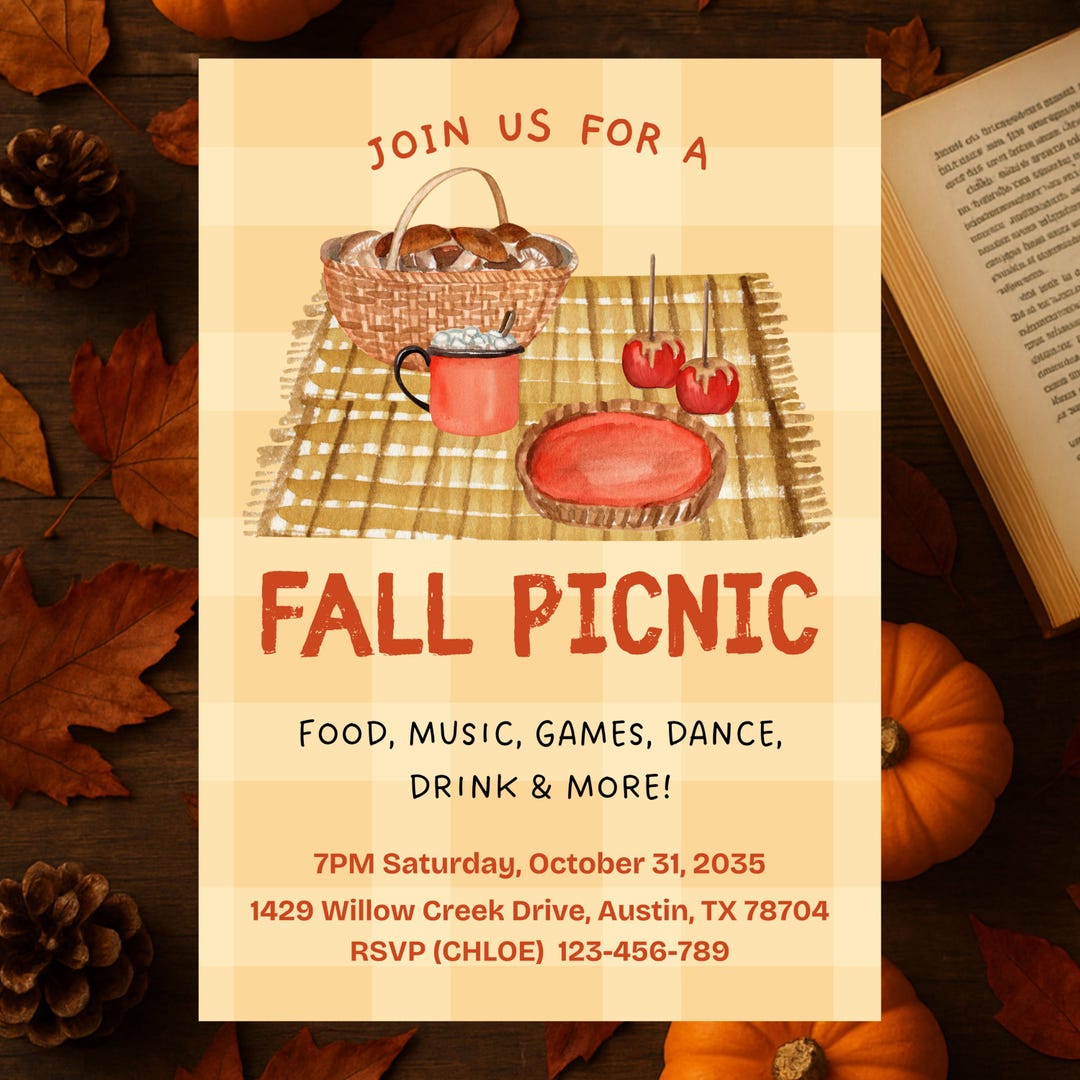 Fall Picnic Invitation Template, Autumn Plaid Editable Canva Invite ...