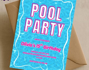 Può includere: Invito a una festa in piscina con sfondo blu acqua e bordo ondulato bianco. Il testo "POOL PARTY" è in grandi lettere rosa e bianche. L'invito è per il 15° compleanno di Olivia, con data, ora e luogo.