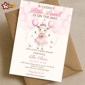 Sweet Little Lamb Baby Shower Invitation Template, Cute Farm Baby Editable Printable Invite Template, Baby Girl Party Celebration Invitation