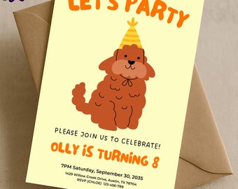 Puppy Birthday Party Invitation, Editable Printable Dog Party Invite, Cute Kids Birthday Card, Digital Canva Template for Boys or Girls