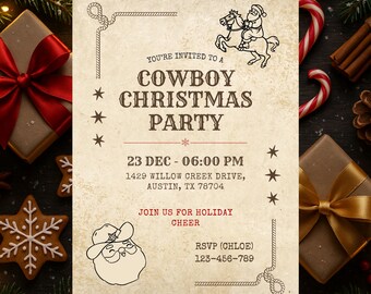 May include: A rustic invitation for a Cowboy Christmas Party. The design features a cowboy Santa Claus riding a horse, stars, and rope accents. The text includes the party details: date, time, and location.
