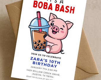 Cute Pig Boba Tea Birthday Invitation, Boba Party Invite for Kids, Editable Canva Cute Bubble Tea Theme Birthday Digital