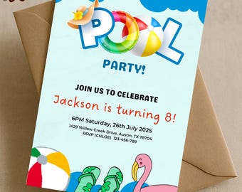 Fun Summer Pool Party Invite, Boy's Pool Party Invite, Kid's Pool Party Birthday Invitation, Swimming Pool Party Editable Canva Template