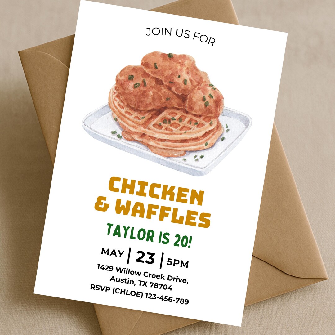 Watercolor Chicken and Waffles Birthday Invitation, Chicken & Waffles ...