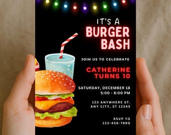 May include: A black invitation card held in hands, featuring a watercolor illustration of a burger and a drink. Text reads "It's a Burger Bash" and details for a birthday party, including the name "Catherine", date, time, and RSVP information.