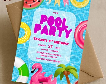 Kid's Pool Party Birthday Invitation Purple Red, Summer Swim Party Invite, Swimming Pool Party Editable Canva Template, Instant Download