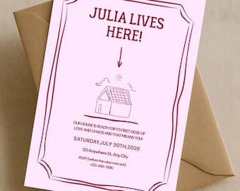 Housewarming Invitation For Women, Girls Night Housewarming Party Invite, New Home Announcement Invite, Pink Moving In Party Invitation