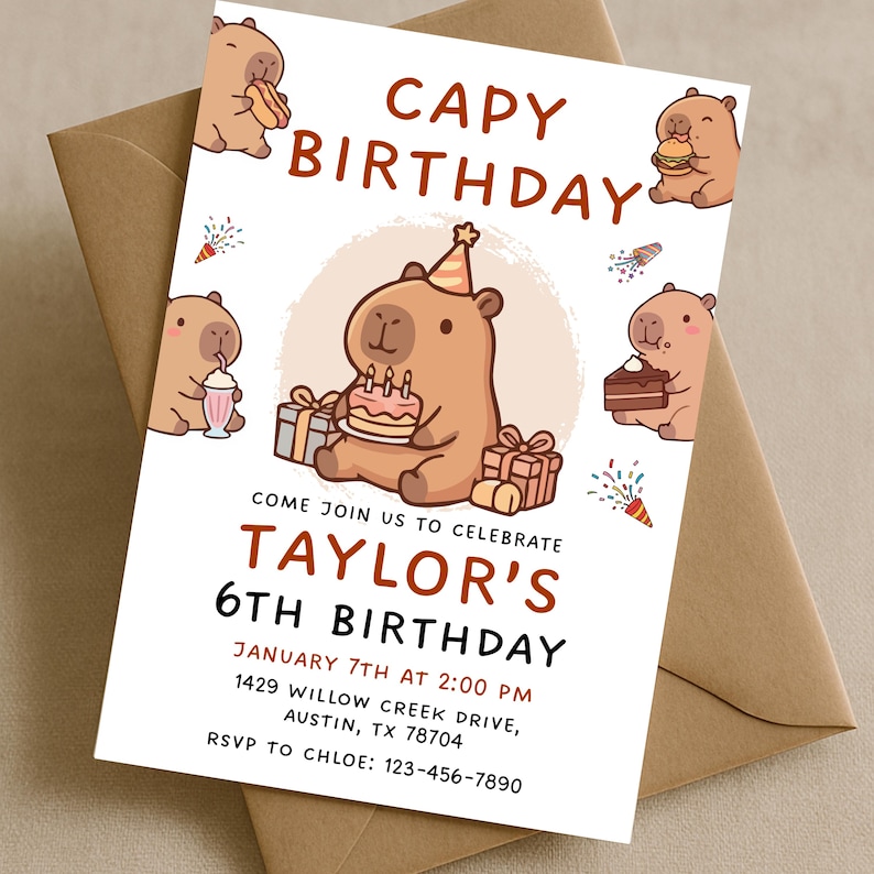 Capybara Birthday Invitation for Kids, 6th Birthday Invite Cute Animal ...
