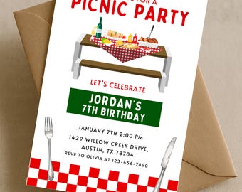Picnic Party Birthday Invitation Template Editable Canva, Kids Outdoor Picnic Invite 7th Birthday Red Gingham Cookout Digital Download