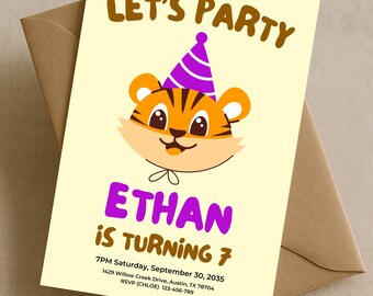 May include: A birthday party invitation with a cartoon tiger wearing a purple party hat. The text "LET'S PARTY" is at the top, with "ETHAN IS TURNING 7" in the center. Includes date, time, address, and RSVP information.