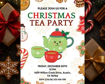 Cute Holiday Tea Party Kids Invite, Christmas Tea Party Invitation, Festive Afternoon Tea Party Invite, Brunch Christmas Tea Template
