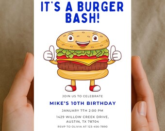 May include: A white invitation card with the text "IT'S A BURGER BASH!" in blue. A cartoon burger character with thumbs up is featured. The card announces "MIKE'S 10TH BIRTHDAY" with date, time, and location.