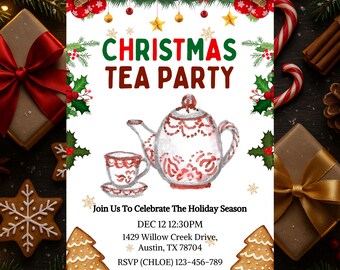 Classic Christmas Tea Party Invitation, Festive Teapot Brunch Invite, Festive Afternoon Tea Party Invite, Brunch Christmas Tea Template