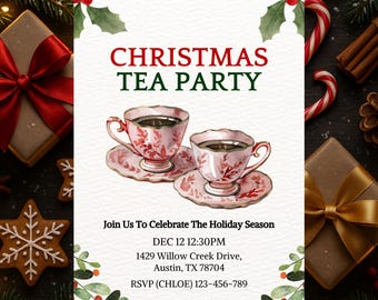 Vintage Pink Teacup Holiday Invite, Christmas Tea Party Invitation, Festive Afternoon Tea Party Invite, Brunch Christmas Tea Template