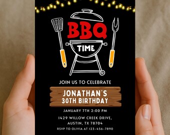 BBQ Time Birthday Invitation Template Editable Canva, Rustic Chalkboard BBQ Bash Invite 30th Birthday Cookout Grill Party Digital