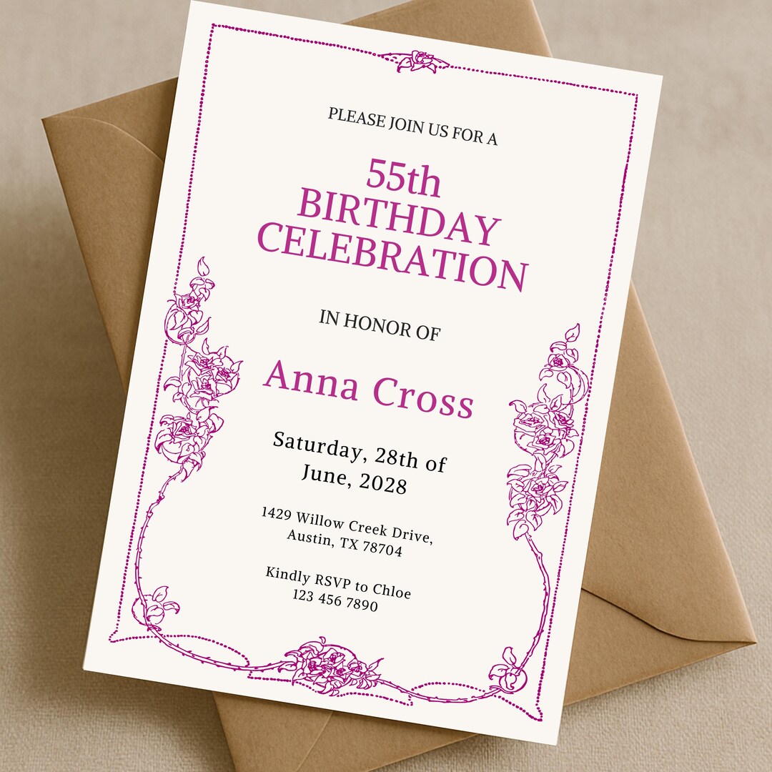 Pink 55th Birthday Invitation Printable, Elegant Floral Line Art, Women ...