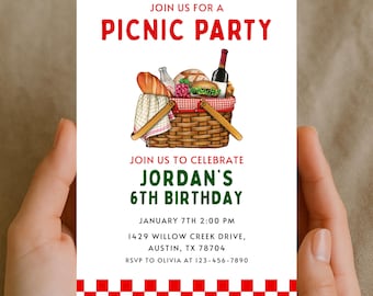 Picnic Birthday Invitation for Kids, Red Gingham Picnic Party Invite, Outdoor Summer Birthday, Editable Picnic Party Invite