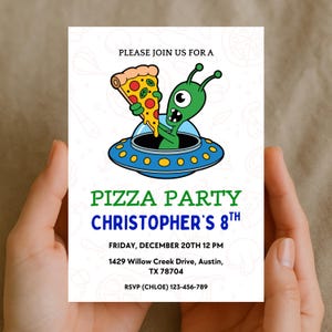 Alien Pizza Party Invitation For Kids, Cute UFO Kids Birthday Invite, Editable Space Theme Canva Template,  8th Birthday Printable Invite