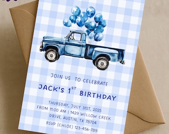 Blauer Vintage LKW-Geburtstag einladen, Junge 1. Geburtstags-Party Einladung, blaue Gingham-Babyparty-Canva-Vorlage, Kleinkind-Junge-Digital-Download