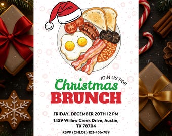 May include: A white invitation card featuring a cartoon plate of breakfast food with a Santa hat on top. The text reads: JOIN US FOR Christmas BRUNCH, FRIDAY, DECEMBER 20TH 12 PM, 1429 Willow Creek Drive, Austin, TX 78704, RSVP (CHLOE) 123-456-789.
