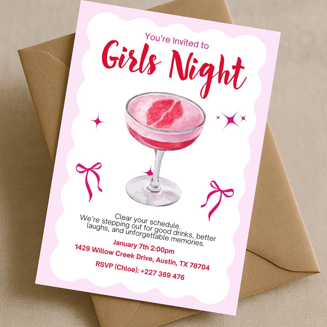 Girls Night Invitation Template Editable, Pink Cocktail Party Invite ...